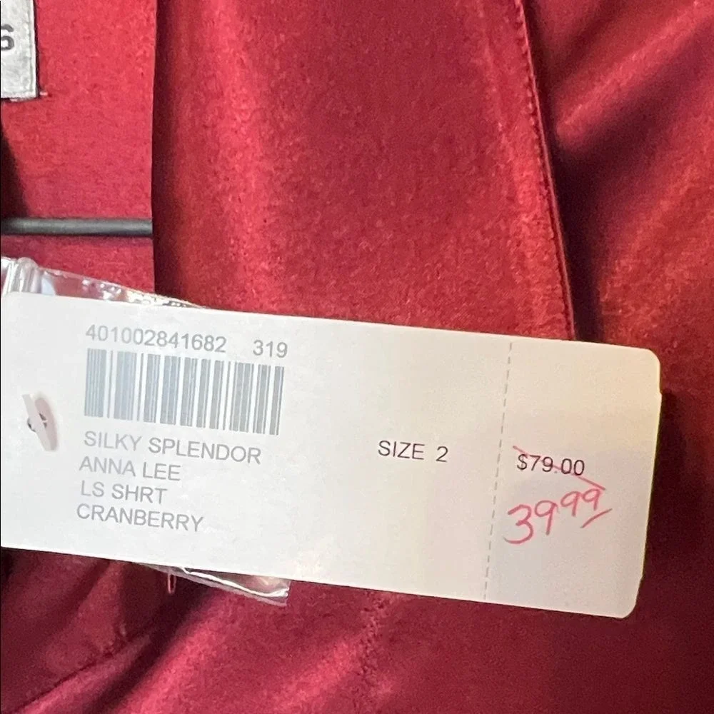 CHICO'S Button Down Satin Shirt Large (12) Cranberry Red Silky Splendor Anna Lee - Picture 5 of 11